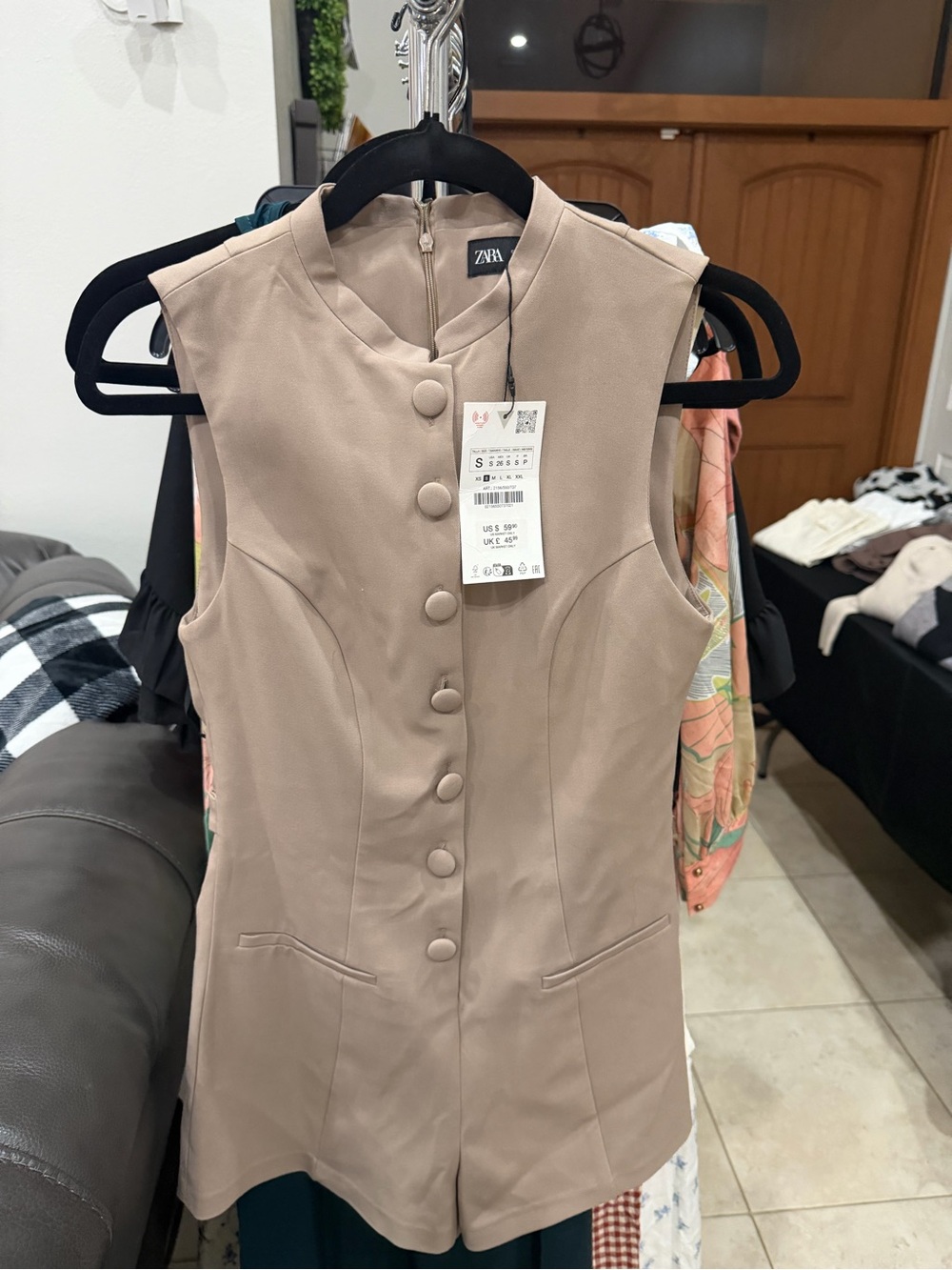 Zara Taupe Sleeveless Button-Front Romper Dress